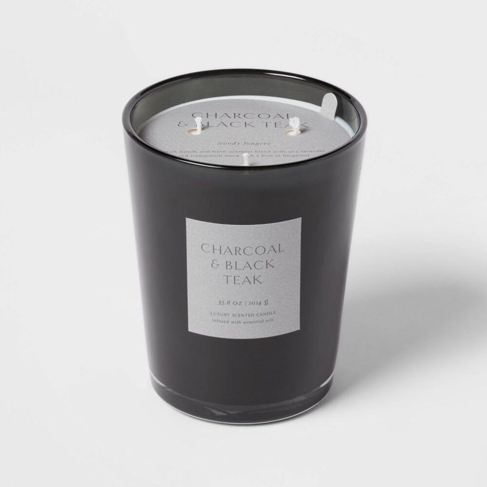 35oz Colored Vase Glass with Dustcover & Black Teak Candle Black - Threshold